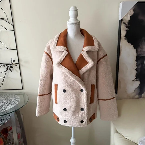 Blank NYC Pick Me Cream & Brown Faux Fur Sherpa Teddy Jacket Coat Sz Medium NWT - Picture 13 of 15